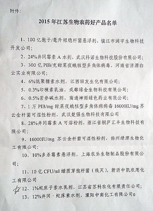 九州（中国）产品被评为江苏省生物农药好产品